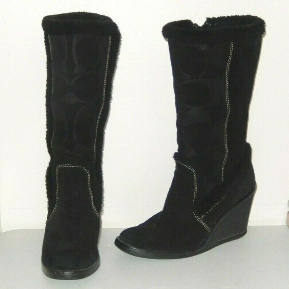 Coach Boots 6 Jordana Black Suede Signature Logo Shearling Trim Wedge Side Zip - Picture 3 of 11